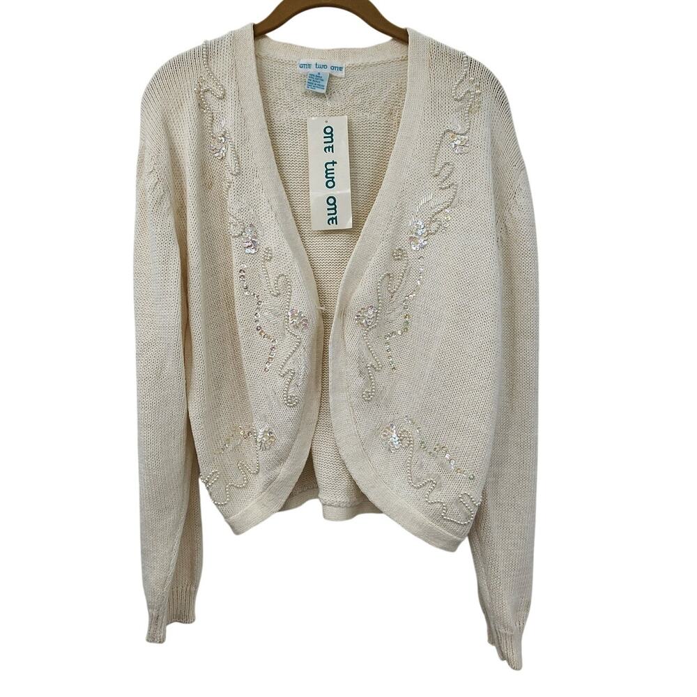New NWT Deadstock One Two One Beaded Open Front Cardigan Sweater Small White